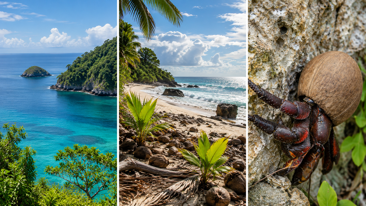 A collage shows a lush island and turquoise sea, a tropical beach with coconuts and palm trees, and a close-up of a brown hermit crab on a rocky surface.