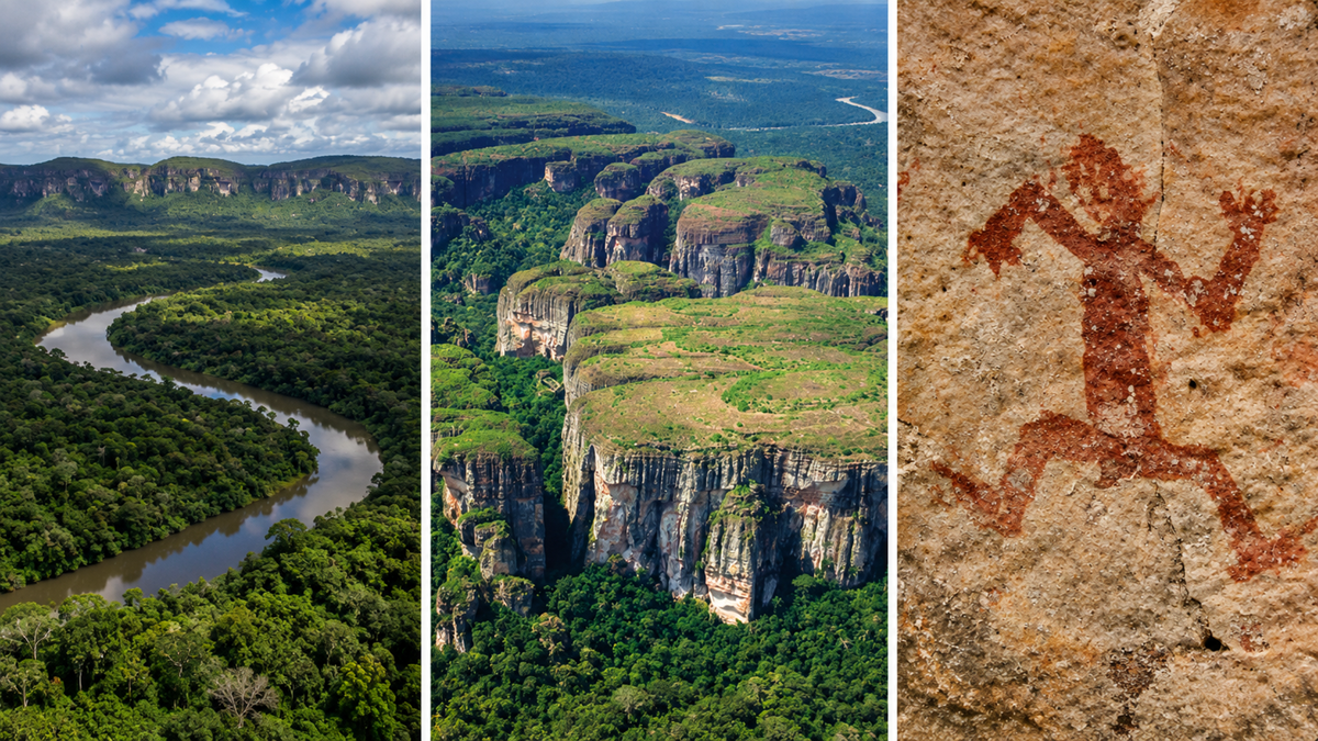 A collage shows a winding river in a green forest, towering rock formations, and a red prehistoric human figure painted on a stone wall.