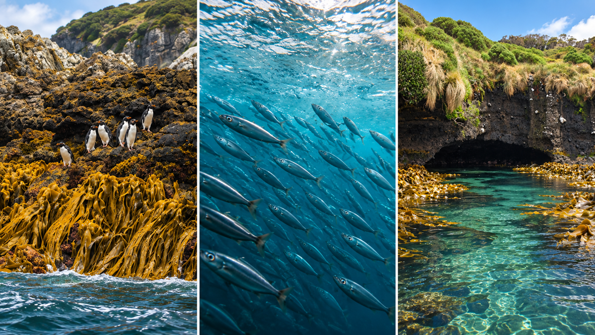 Three images: penguins on seaweed-covered rocks, a school of fish swimming underwater, and a rocky coastal pool with clear blue water and green vegetation above.