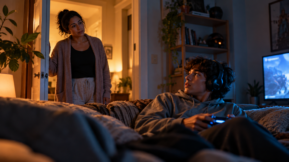 A woman stands in a doorway looking at a young man wearing headphones and playing video games on a couch in a dimly lit living room.