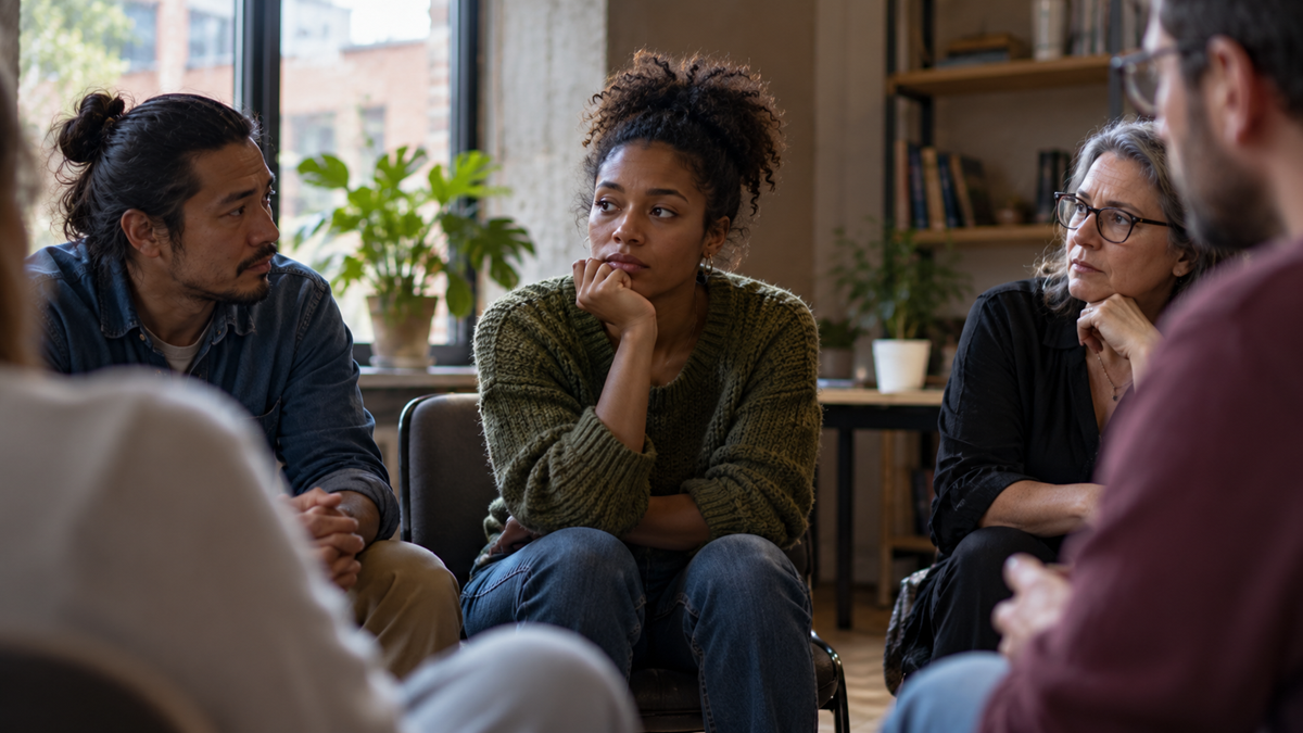 A group of people sit in a circle indoors, having a serious conversation. A woman in the center rests her chin on her hand, looking thoughtful. Plants and bookshelves are visible in the background.