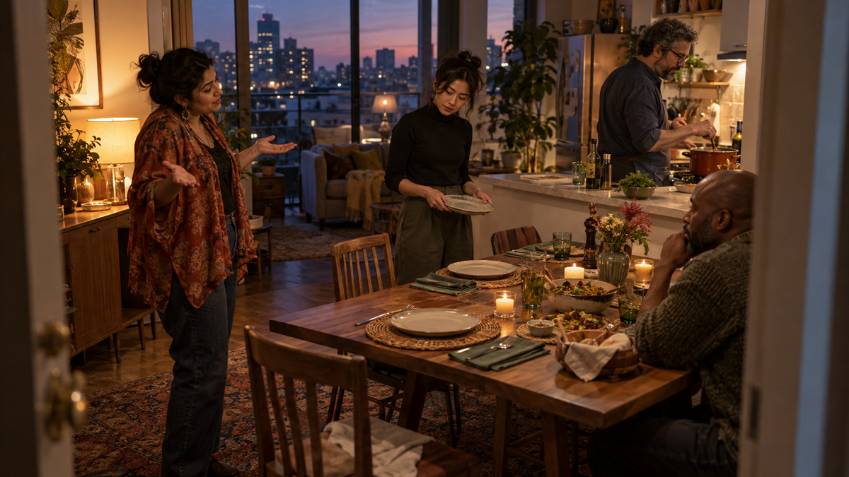 Four adults prepare for dinner in a cozy, warmly lit apartment at sunset. Two set the table, one cooks in the kitchen, and one gestures while talking. City buildings are visible through the windows.