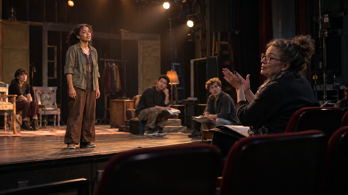 A director gives feedback to an actor performing on stage, while other actors watch and listen during a theater rehearsal in a dimly lit room.