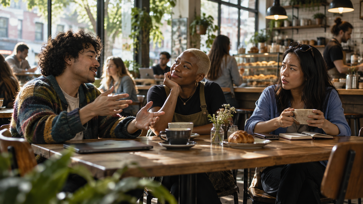 Communication. Three people sit at a café table, engaged in conversation. Two listen as one gestures while talking. Coffee, a croissant, and notebooks are on the table. Sunlight streams in through large windows in the busy café.