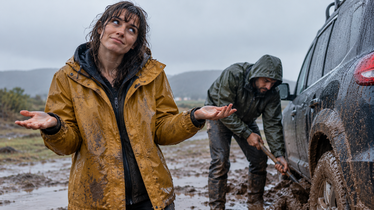 A woman in a yellow raincoat shrugs and smiles while a man in a hooded jacket tries to free a muddy car tire in rainy, wet conditions.