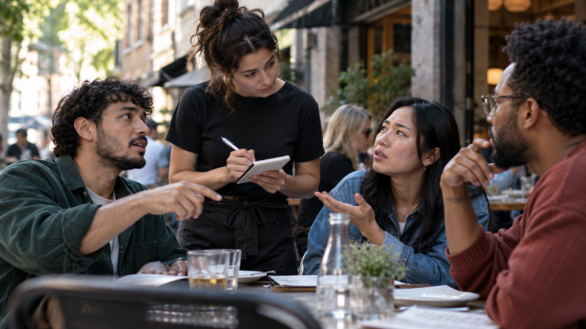 Three people sit at an outdoor restaurant table, talking and gesturing as a server stands by, taking notes. They appear engaged in discussion, with menus and drinks on the table.