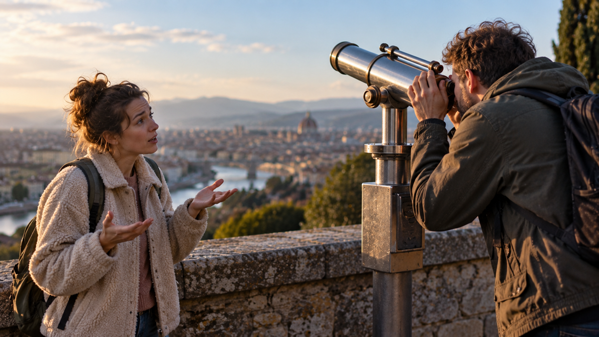A woman gestures while a man looks through a coin-operated telescope, overlooking a scenic city with a river and distant hills under a partly cloudy sky.