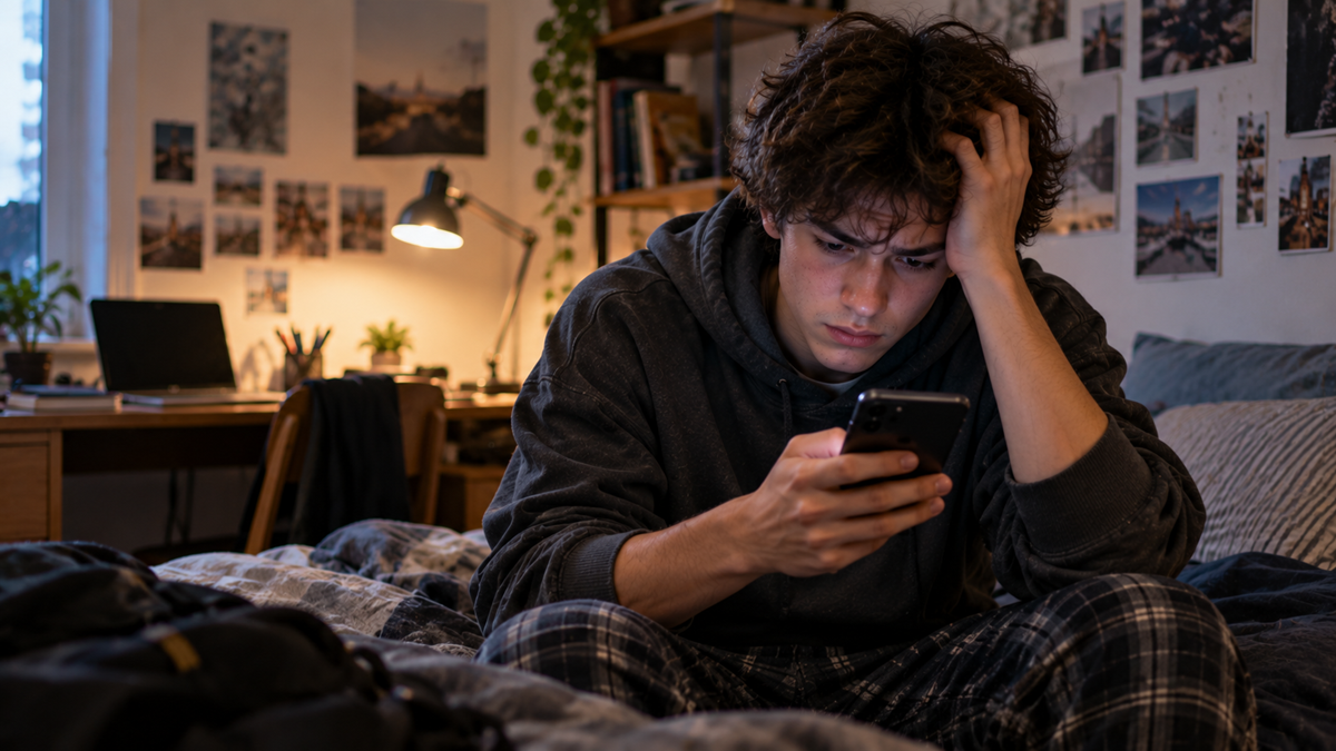 A young person sits on a bed in a dimly lit room, looking worried while staring at a phone. Their hand is in their hair, and the background features a cluttered desk, plants, and photos on the wall.