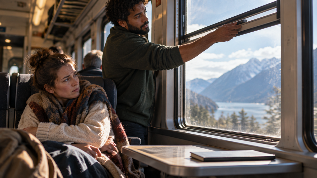 A woman wrapped in a blanket sits on a train seat, looking at a man opening the window. Snowy mountains and a lake are visible through the window. A notebook lies on the table.