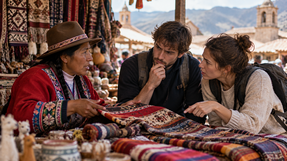 A woman in traditional clothing shows colorful woven textiles to two attentive tourists at an outdoor market, with mountains and old buildings in the background.