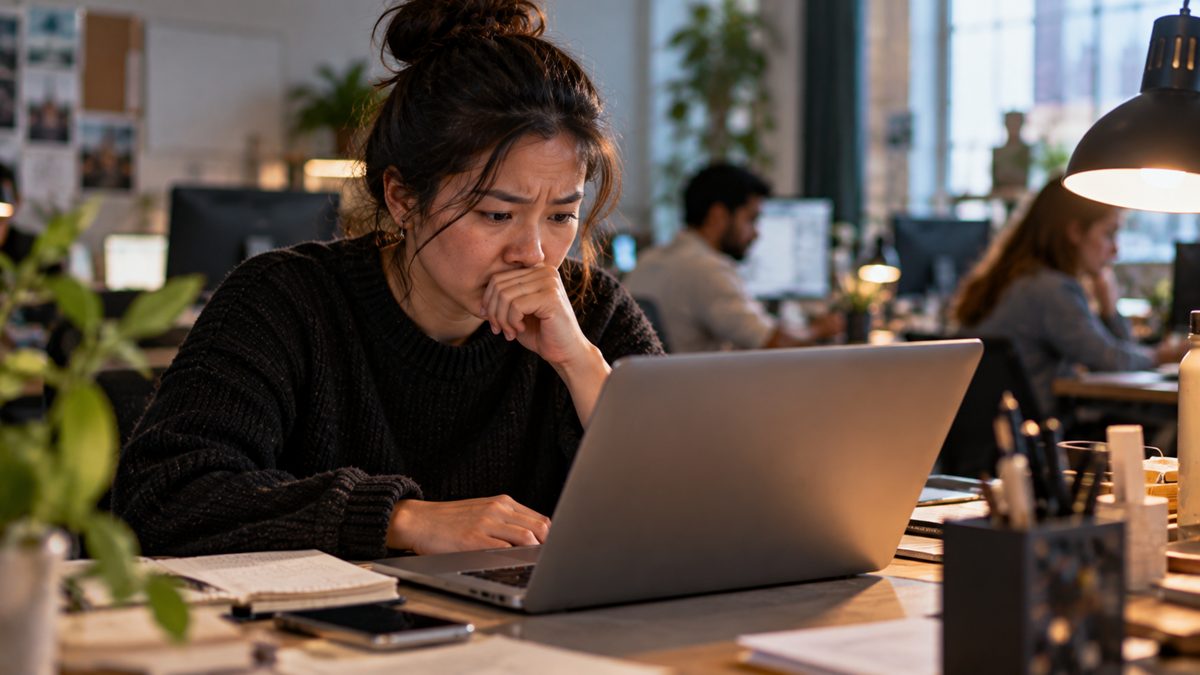 A woman sits at a desk in an office, looking concerned while staring at her laptop screen. Notebooks, papers, and a lamp are on the desk. Other people work in the background.