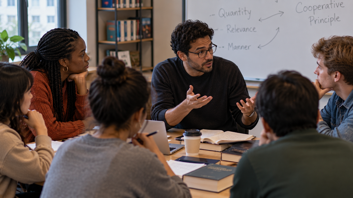A group of people sit around a table engaged in discussion, with a man in glasses speaking. Books and notebooks are on the table. A whiteboard behind them displays text about the Cooperative Principle and conversational maxims.