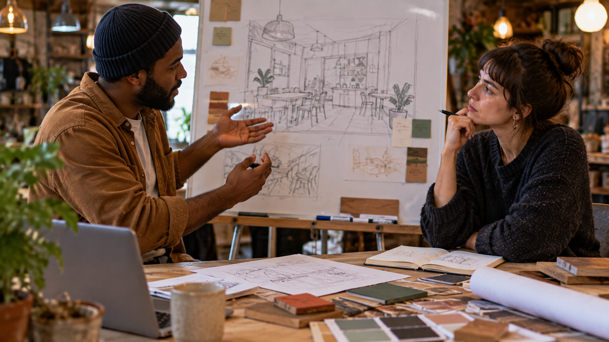 Two people discuss architectural sketches and color swatches at a table, with a large drawing of an interior design on an easel in the background. They appear to be collaborating on a design project in a creative workspace.