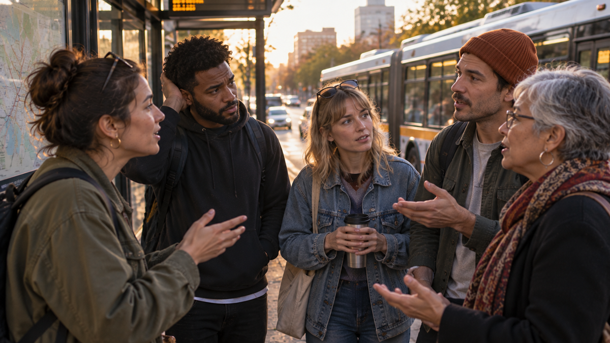 Five people stand at a bus stop, engaged in a lively conversation. They wear casual clothes and backpacks, with buses and city buildings in the background. The sun is setting, casting warm light over the scene.