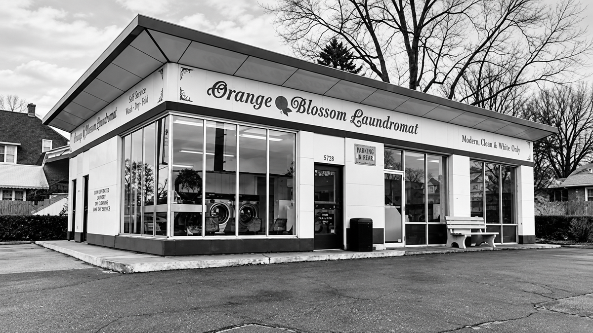A black and white photo shows the exterior of Orange Blossom Laundromat with large windows, washing machines inside, and a bench outside. Bare trees and houses are visible in the background.