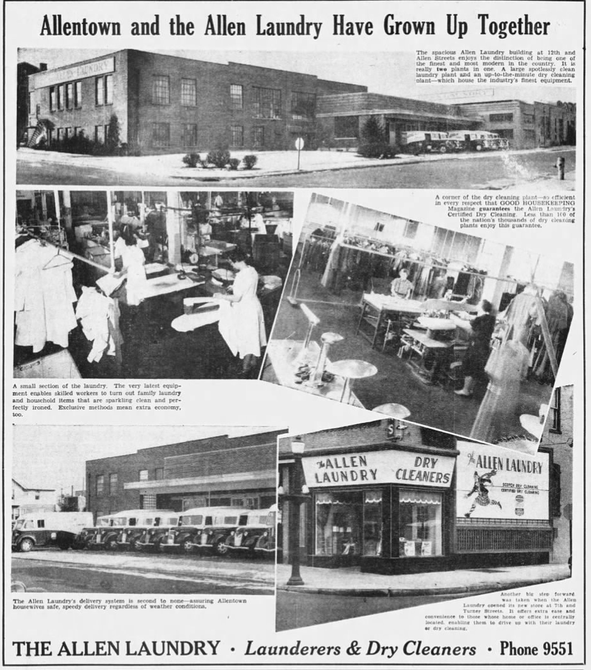A black and white collage shows delivery vans, laundry workers, a dry cleaning facility, and the Allen Laundry storefront, with text promoting the business in Allentown.