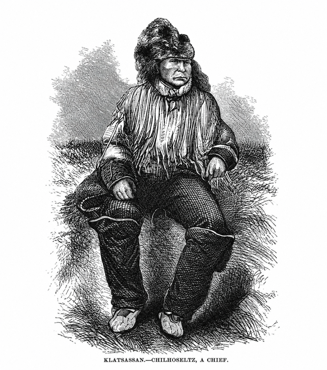 A Native American chief sits on a rock, wearing a fur hat, fringed shirt, and leggings. The image is a black-and-white illustration with the caption “KLATSASSAN—CHILIHISELTZ, A CHIEF.”