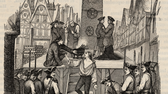 A historical illustration shows a man being led to a scaffold for execution in a town square, surrounded by guards, onlookers, and half-timbered buildings.