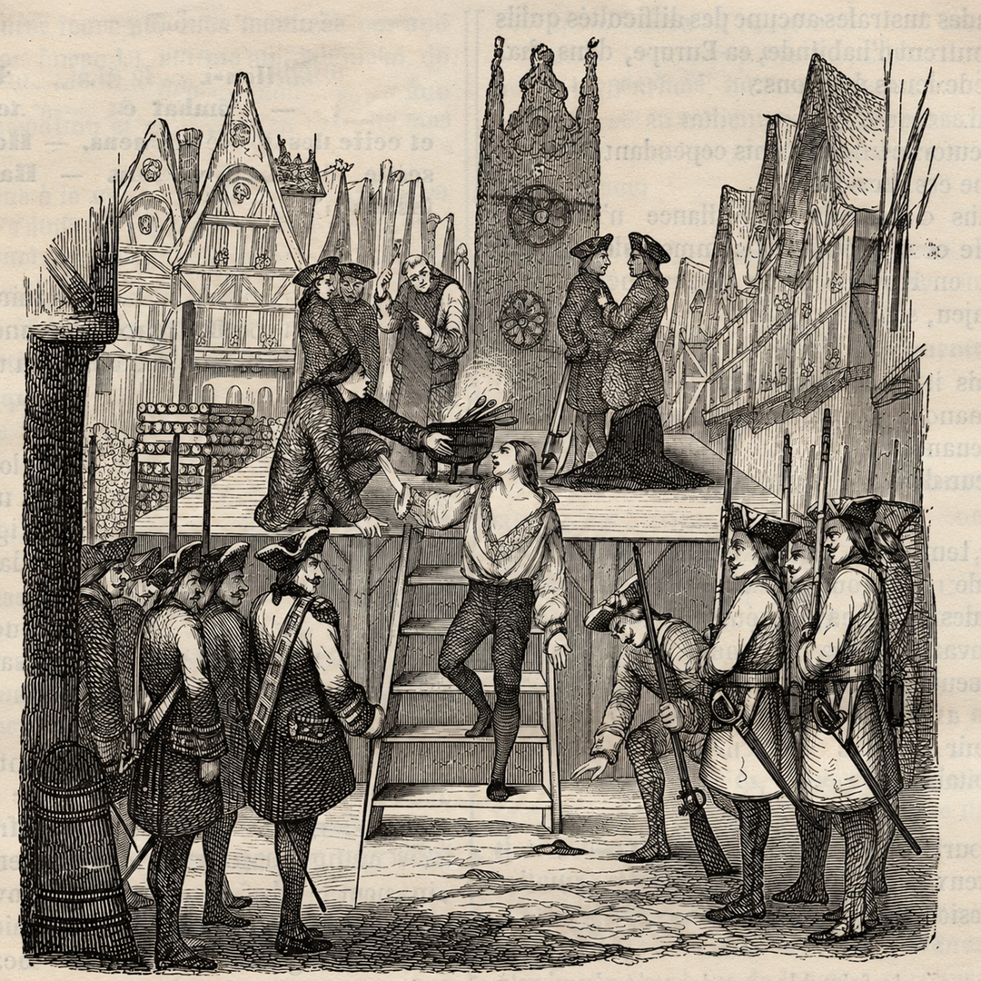 A historical illustration shows a man being led to a scaffold for execution in a town square, surrounded by guards, onlookers, and half-timbered buildings.