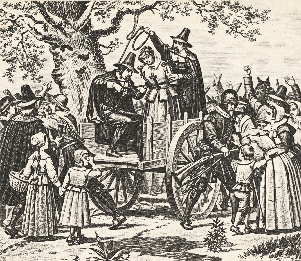 A historical illustration shows a woman in Puritan clothing standing on a cart, being prepared for execution by hanging, surrounded by a crowd of onlookers and officials in period attire.