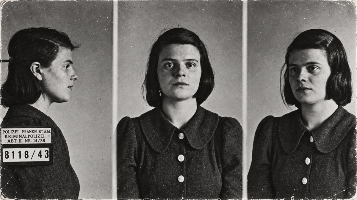 Black and white mugshot of a young woman with short dark hair, wearing a buttoned coat, shown in left profile, front, and right profile. A police placard with numbers is visible in the leftmost image.