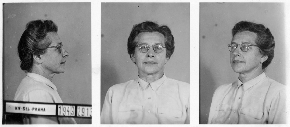 Three black-and-white mugshot photos of an older woman with glasses, short wavy hair, and a buttoned shirt, shown in profile, facing forward, and at a slight angle. A placard with numbers is visible in the first photo.