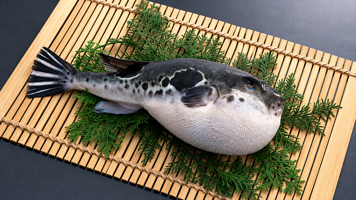 A whole pufferfish with a rounded belly rests on green leaves atop a bamboo mat.