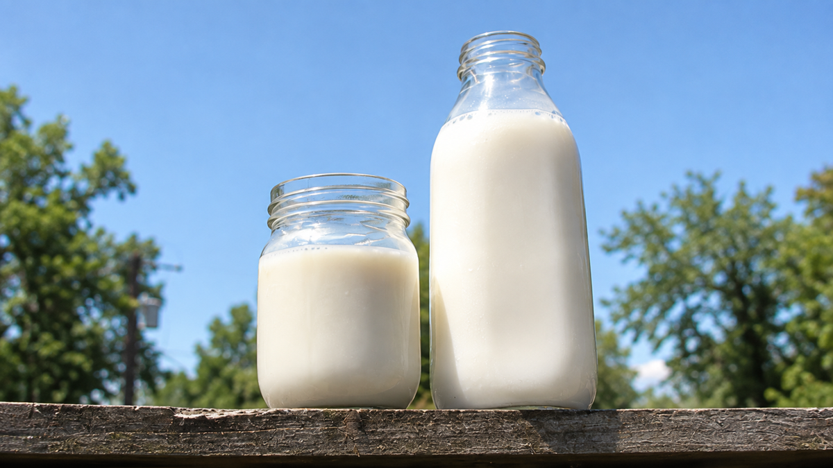 Two glass containers filled with milk sit on a wooden surface outdoors, with green trees and a clear blue sky in the background.