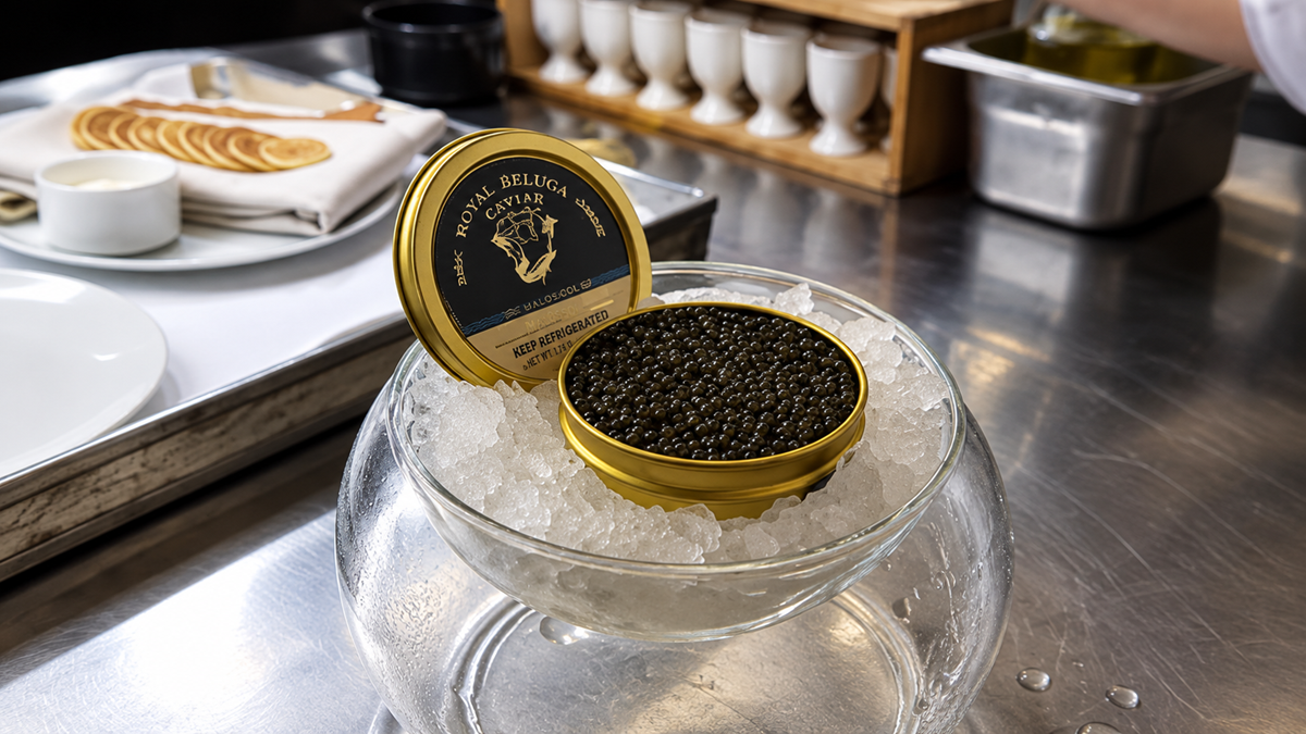 An open tin of Royal Beluga caviar sits on ice in a glass bowl. In the background, there are blini, condiments, and a metal container on a stainless steel kitchen counter.