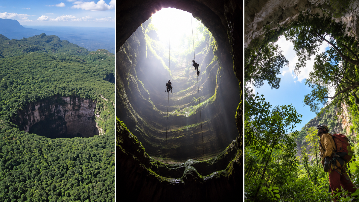 Three images: a large, round sinkhole in a forest; two people rappelling into its sunlit depths; and a person in caving gear standing at the bottom, looking up at the opening surrounded by greenery.