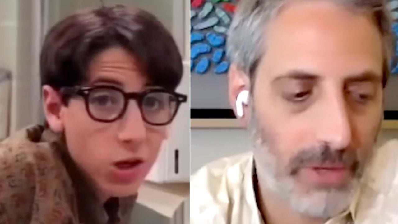 Split-screen image: On the left, a person with dark hair and glasses speaks; on the right, a person with light hair, a beard, and earbuds looks downward. A colorful painting is blurred in the background.