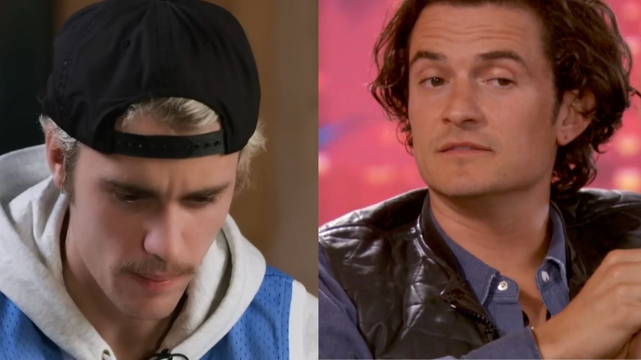 Split image: On the left, a young man in a cap and blue jersey looks down pensively. On the right, a man with wavy hair and a slight smirk looks off to the side against a red background.