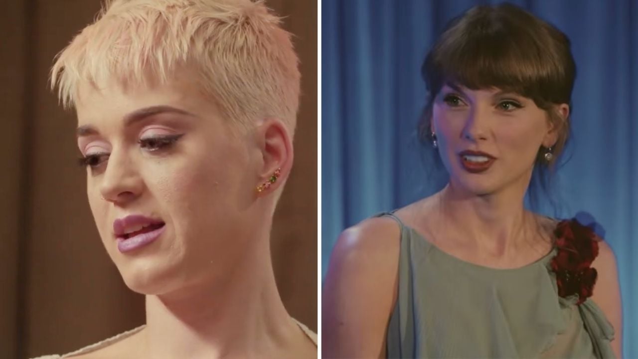 A split image shows two women. On the left, a woman with short blond hair looks down. On the right, a woman with brown hair and bangs wears a light dress with a red flower and looks to the side.
