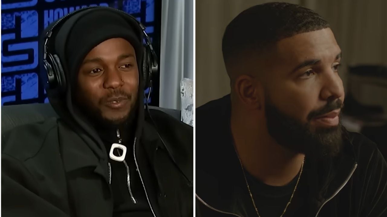 A split image shows two men: one wearing a black hoodie and headphones, speaking in a studio, and the other with short hair and a beard, wearing a black jacket, looking to the side.