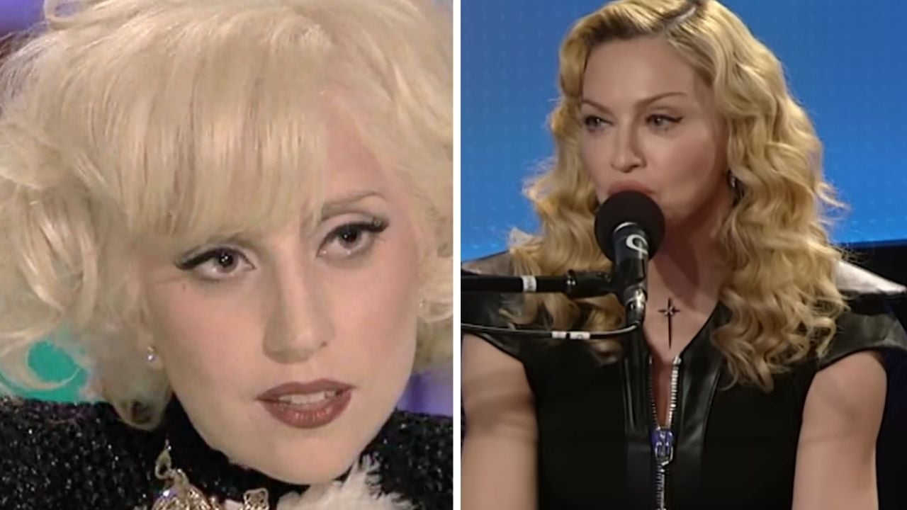 Split-screen image: On the left, a woman with short blonde curls and dramatic makeup; on the right, a woman with long wavy blonde hair speaking into a microphone, wearing a black outfit and a necklace with a cross.