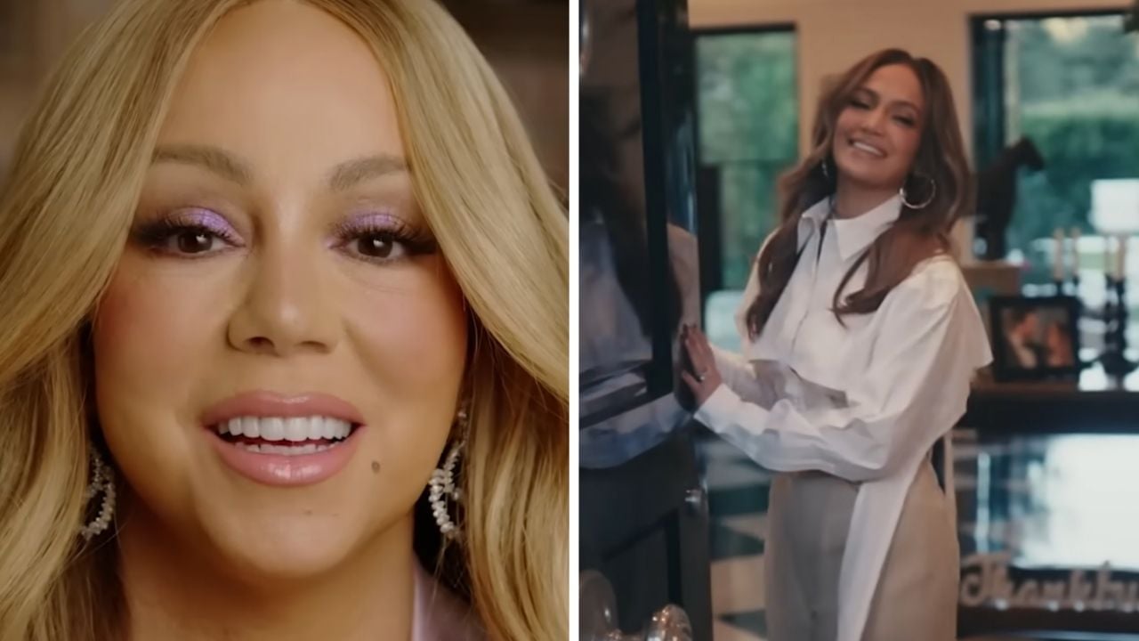 A split image shows a woman with long, blonde hair smiling in a close-up on the left, and the same woman smiling while standing by a doorway in a modern room on the right.