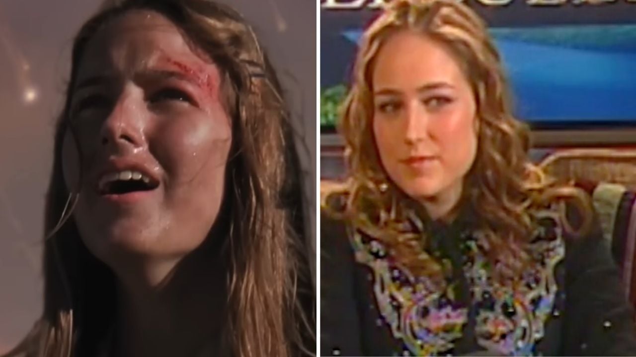 Split image: Left side shows a young woman outdoors with a bloody forehead, looking up distressed. Right side shows the same woman indoors, seated, looking calm, with wavy hair and a patterned top.