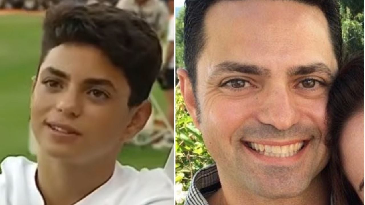 Two side-by-side photos: on the left, a young boy with short dark hair outdoors; on the right, an adult man with dark hair smiling, partly cropped, also outdoors.