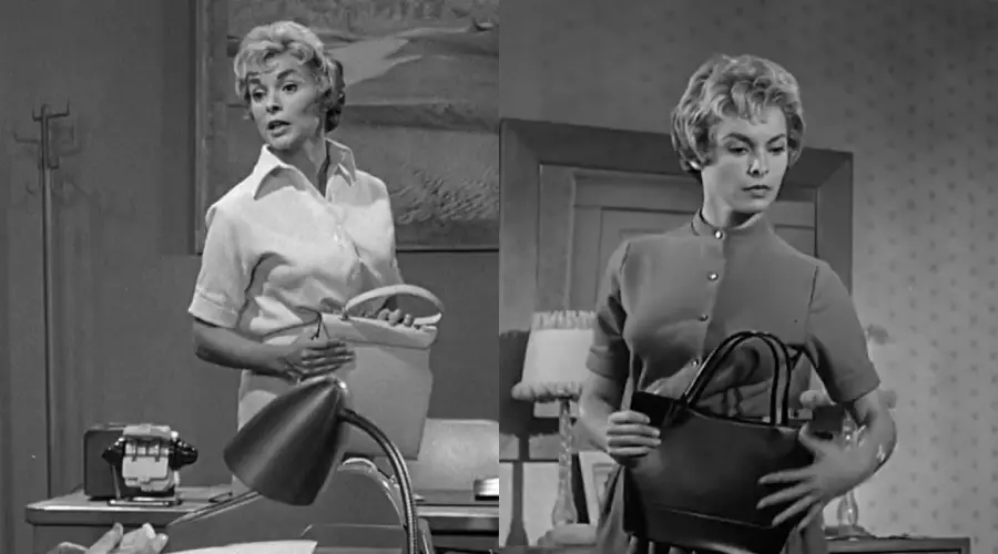 Split image: Woman in white blouse holding a light handbag on left; same woman in darker dress with a dark handbag on right. Both scenes are in black and white, showing her standing indoors.