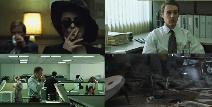 Four scenes: a woman smoking with sunglasses; a man in an office; people working in cubicles; and a chaotic, debris-filled scene, possibly after an explosion or accident.