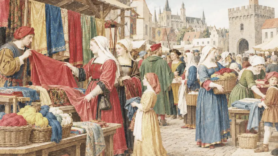 People in medieval attire shop at an outdoor market filled with fabrics, baskets, and goods. Castle towers and stone buildings are visible in the background. The scene is lively and bustling with activity.