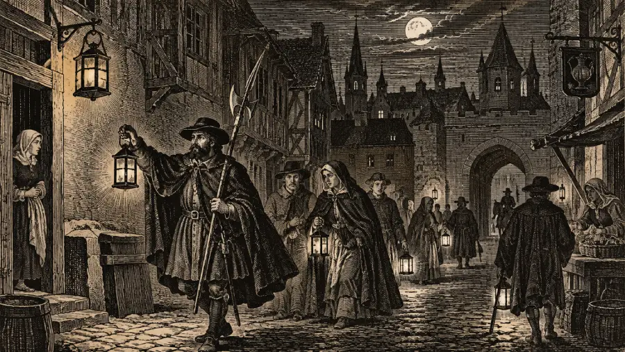A group of people holding lanterns walk down a cobblestone street in a medieval town at night. The moon shines above gothic buildings as a woman watches from a doorway.