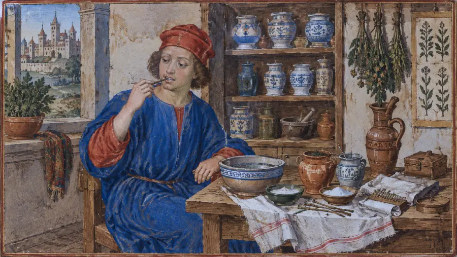 A person in medieval clothing sits at a wooden table with bowls, jars, and herbs, appearing to taste or examine something. A shelf with pottery and a window showing a castle are in the background.