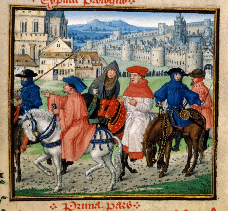 Medieval illustration of a group of people, some on horseback and others walking, dressed in colorful robes and hats, traveling near a walled city with large buildings in the background.