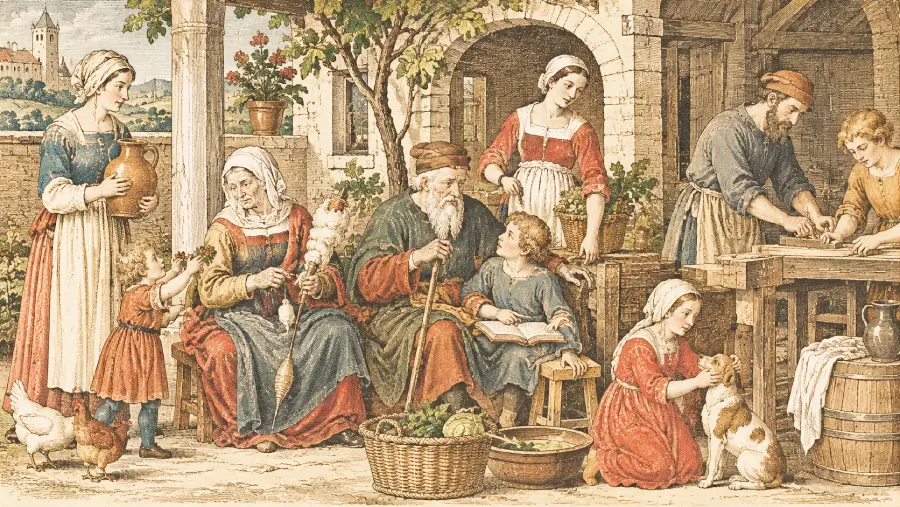 A vintage illustration of a family in historic clothing gathered outside. Adults work, women spin wool, children play with a dog, and a man peels vegetables. Chickens roam and a stone house and greenery are seen in the background.