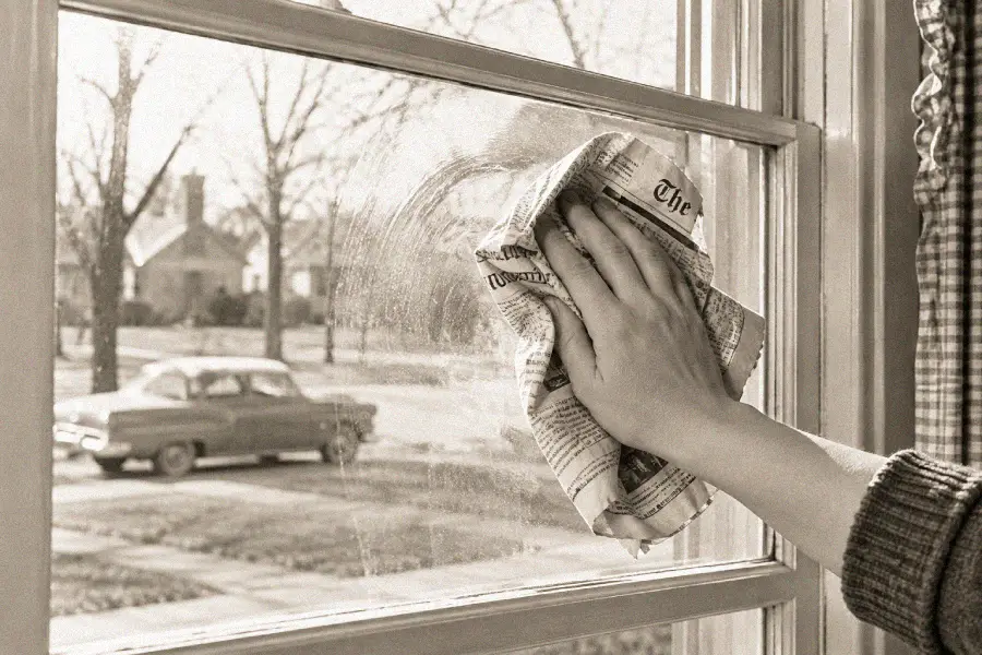 A hand cleaning a window with newspaper, with an old-fashioned car and houses visible outside. The image is in black and white, creating a vintage feel.