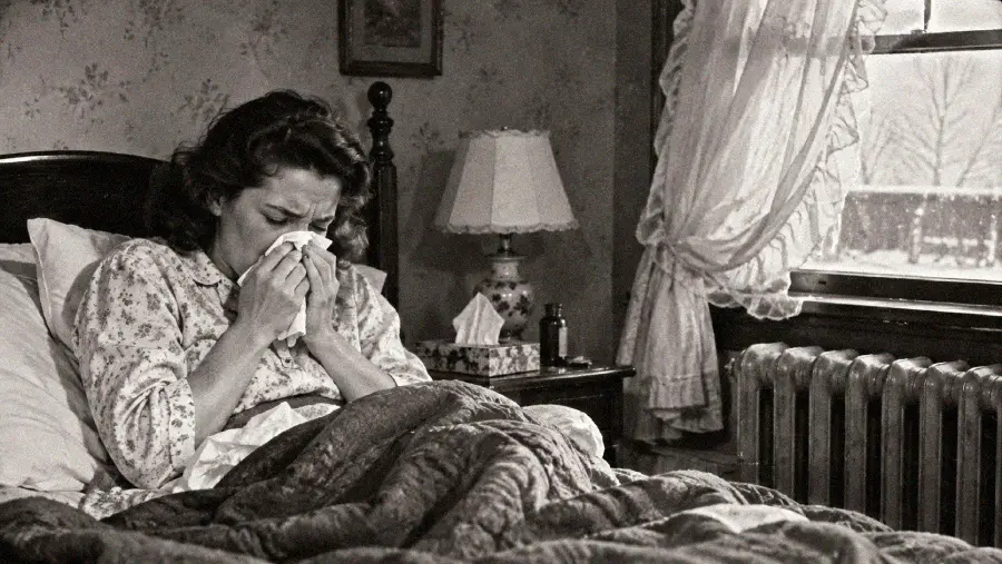 A woman sits in bed, holding a tissue to her nose as if sneezing or crying. She is covered by blankets in a cozy bedroom with soft lighting, a lamp, and a window with sheer curtains.