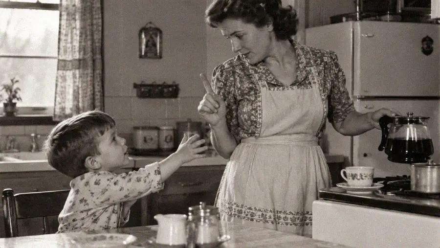A woman in an apron holds a coffee pot and raises her finger at a young boy reaching toward her in a vintage kitchen, suggesting she is warning him.