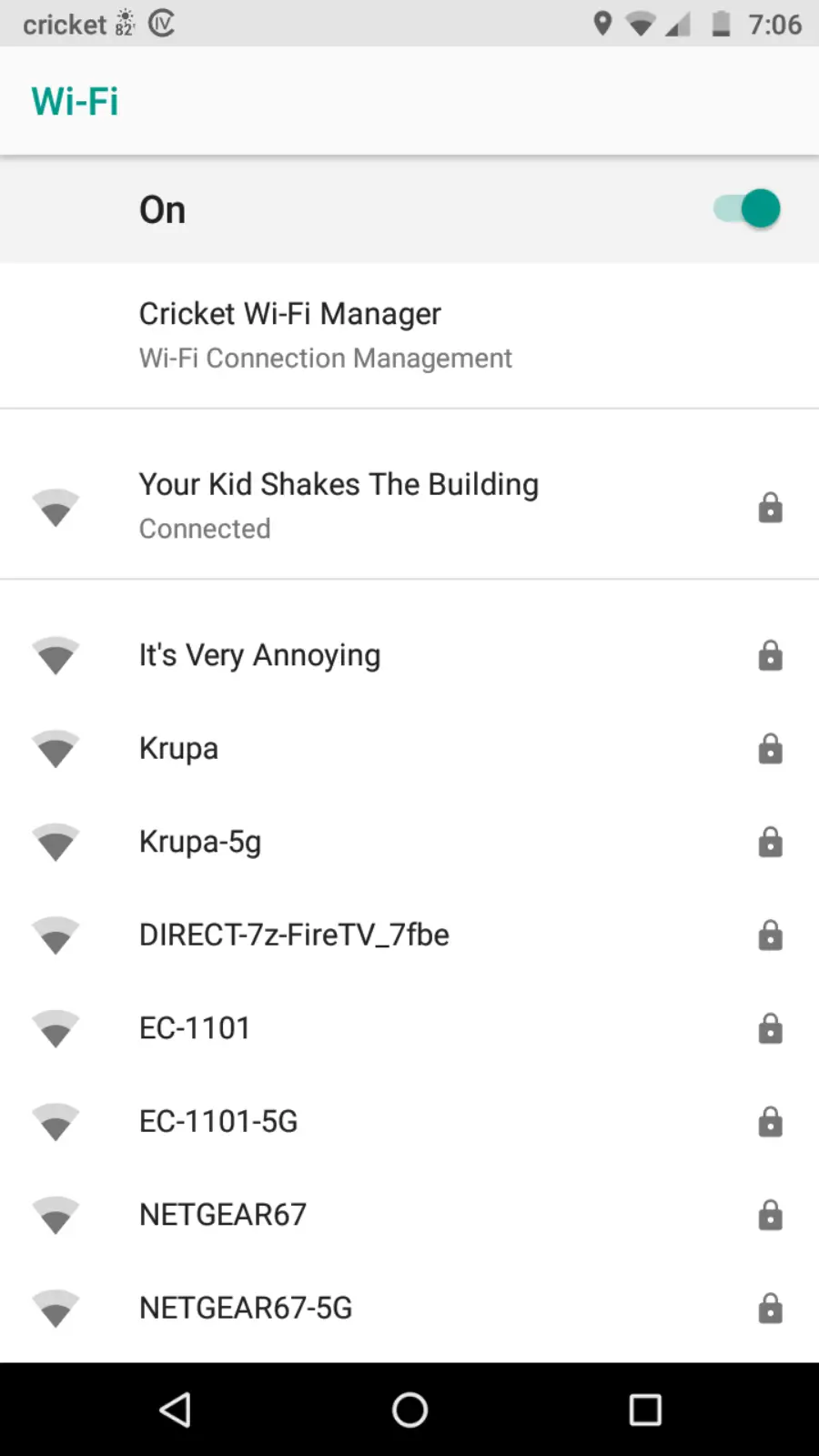 A smartphone Wi-Fi menu shows several networks, including a connected one named “Your Kid Shakes The Building,” along with others like “It’s Very Annoying” and various locked networks. The time is 7:06.