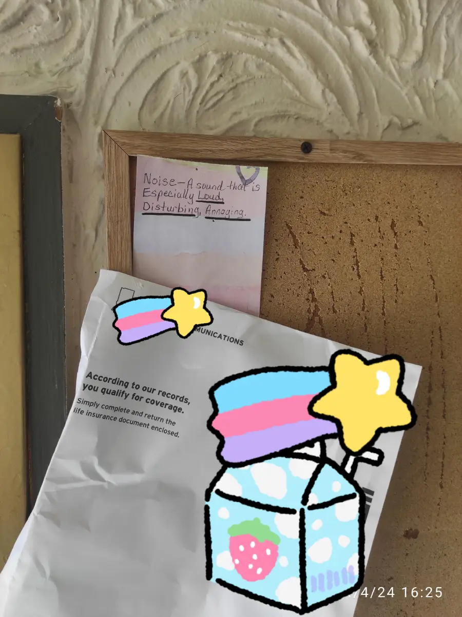 A corkboard with a note reading “Noise—A sound that is especially loud. Disturbing, Amazing.” Below is a mail envelope, partially covered by cartoon stars and a box with a strawberry design.